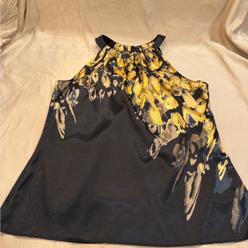 Tahari Sleeveless Halter Neck  Black and Gold Evening Chic Blouse